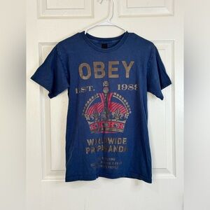 Obey Blue T-Shirt Worldwide Propaganda Mens Small Crew Neck Crown